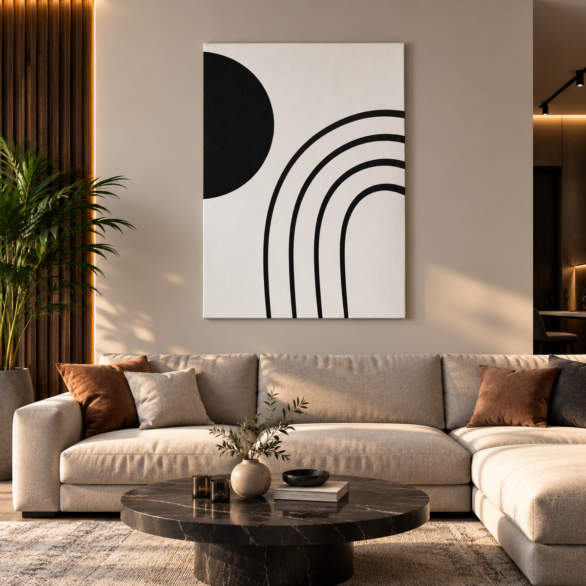 Minimal ασπρόμαυρος abstract canvas με γεωμετρικές καμπύλες, τοποθετημένος σε μοντέρνο και ζεστό σαλόνι.