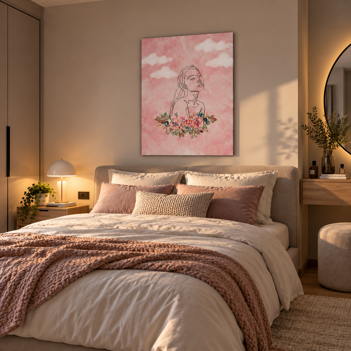 Ροζ floral πίνακας με minimal γυναικεία φιγούρα, πάνω από κρεβάτι σε ζεστό και μοντέρνο υπνοδωμάτιο.