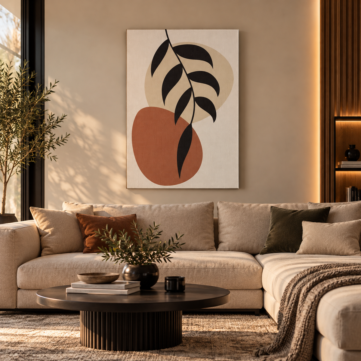 Μοντέρνος αφηρημένος πίνακας Boho Art με γεωμετρικά σχήματα και φύλλα σε γήινες αποχρώσεις, τοποθετημένος πάνω από μπεζ καναπέ σε φωτεινό σαλόνι.