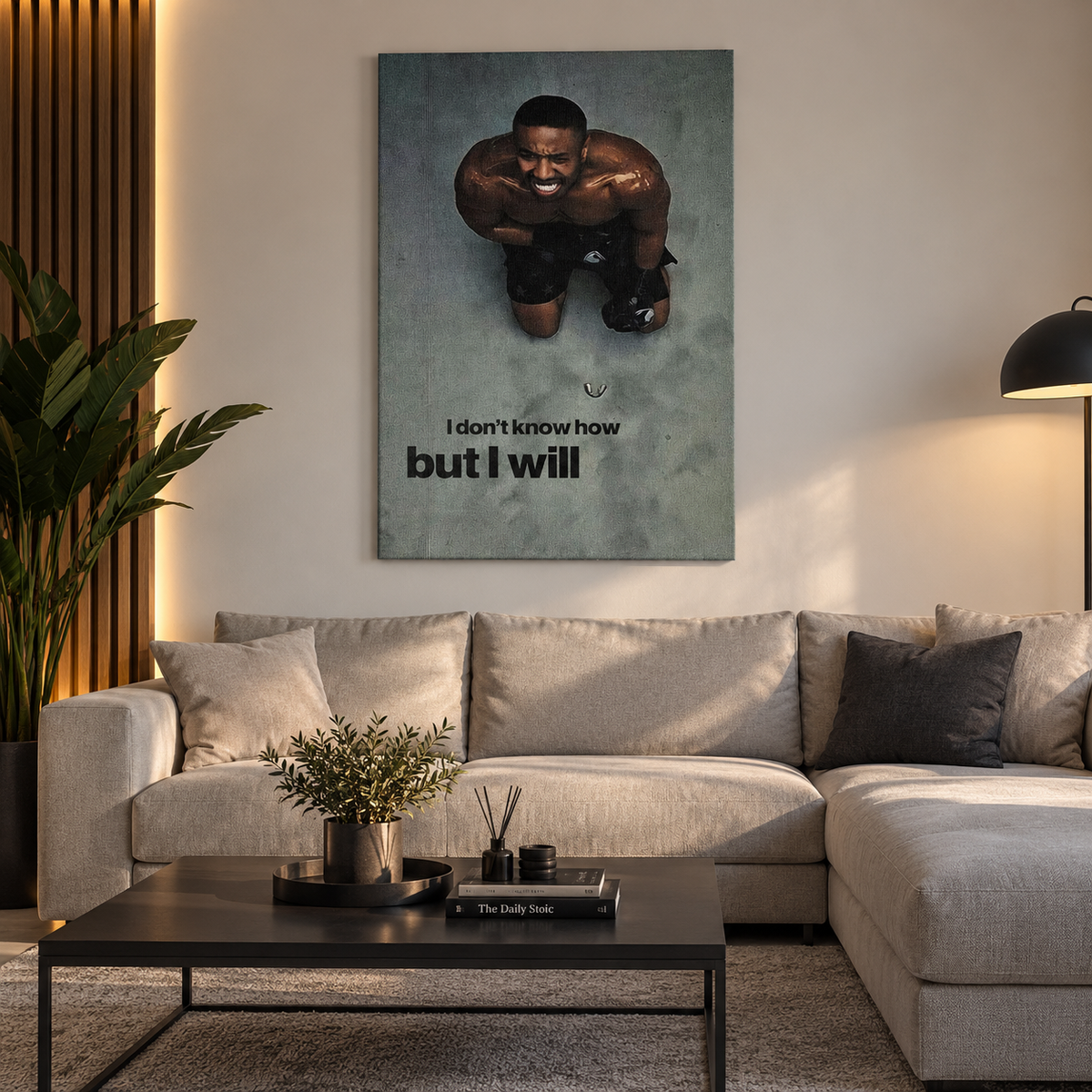 Motivational καμβάς “I don’t know how but I will” σε μοντέρνο, ζεστό και ρεαλιστικό σαλόνι.