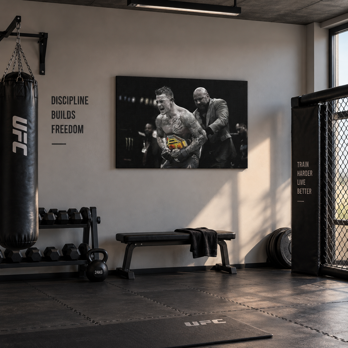Πίνακας MMA με πρωταθλητή σε μοντέρνο χώρο προπόνησης.