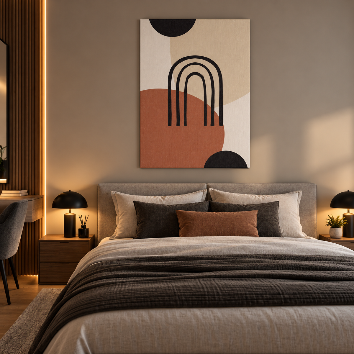 Minimal abstract canvas σε μπεζ, κεραμιδί και μαύρες αποχρώσεις, τοποθετημένος πάνω από κρεβάτι σε μοντέρνο υπνοδωμάτιο.