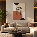 Minimal abstract canvas σε γήινες αποχρώσεις, τοποθετημένος σε μοντέρνο και ζεστό σαλόνι.
