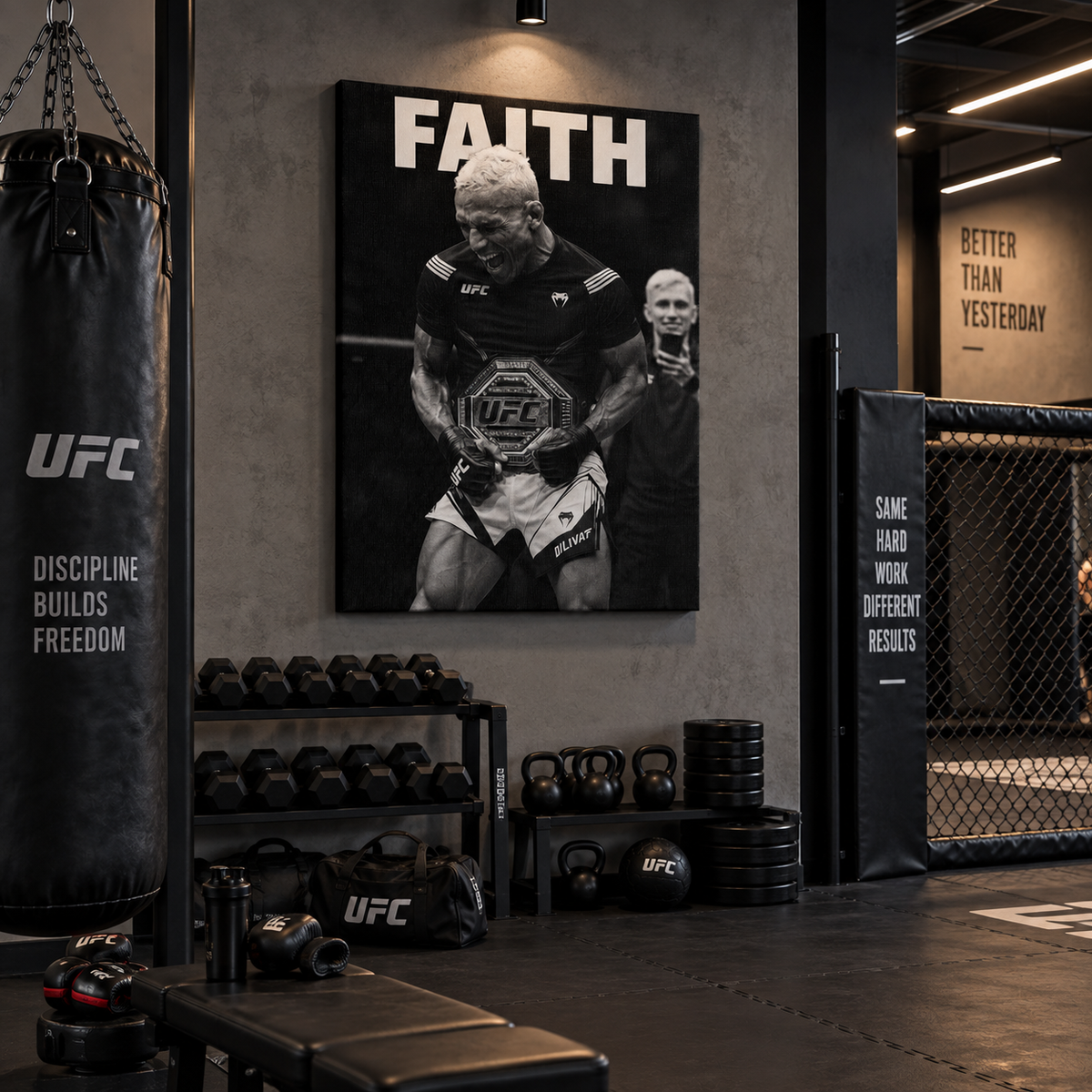 Πίνακας “FAITH” με πρωταθλητή UFC σε μοντέρνο MMA γυμναστήριο με σάκο και εξοπλισμό προπόνησης.