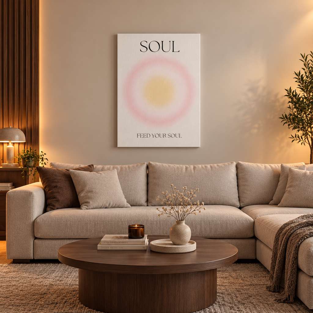 Πίνακας σε καμβά Soul – Feed Your Soul με minimal σχέδιο σε παστέλ αποχρώσεις, τοποθετημένος πάνω από μπεζ καναπέ σε μοντέρνο σαλόνι.