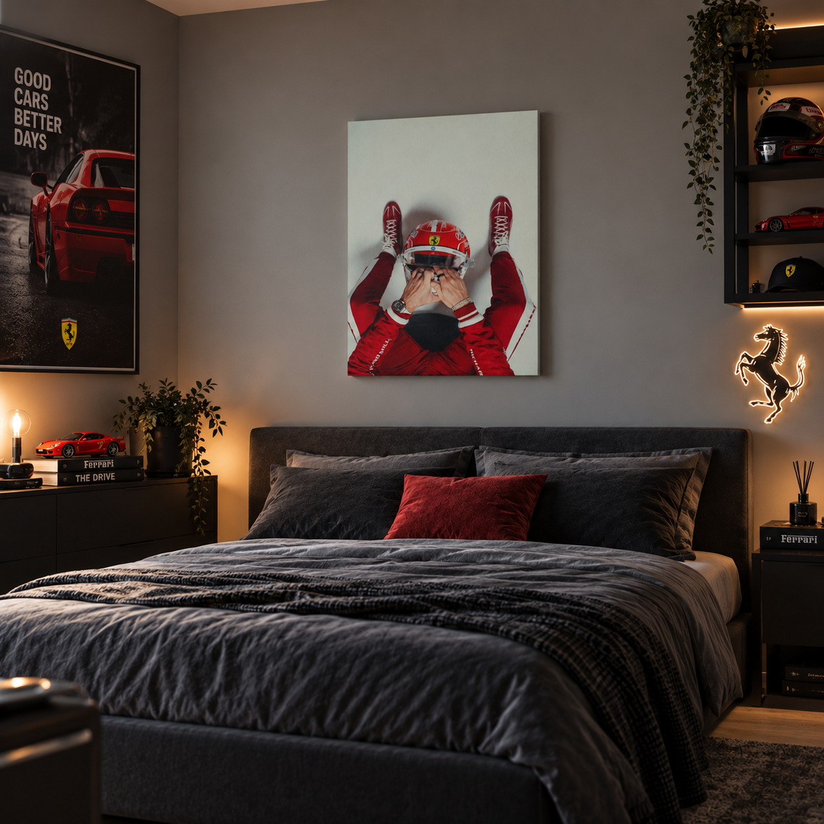 Ferrari canvas σε μοντέρνο υπνοδωμάτιο με διακόσμηση αυτοκινήτου και motorsport.