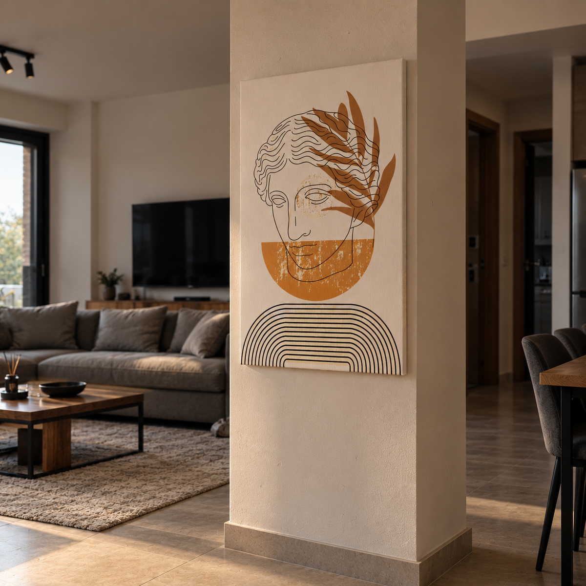Minimal canvas με αρχαιοελληνική φιγούρα τοποθετημένο σε κολόνα μοντέρνου σπιτιού.