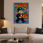 Πολύχρωμος HUSTLE πίνακας καμβά σε μοντέρνο, ζεστό σαλόνι.