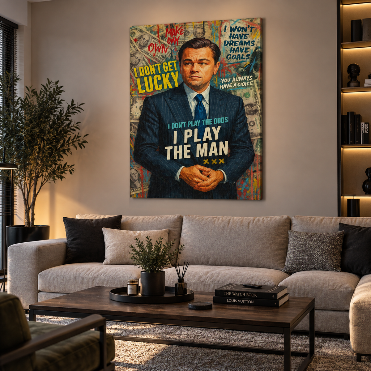 Motivational pop art πίνακας με επιχειρηματικό θέμα και money design σε μοντέρνο, ζεστό σαλόνι.
