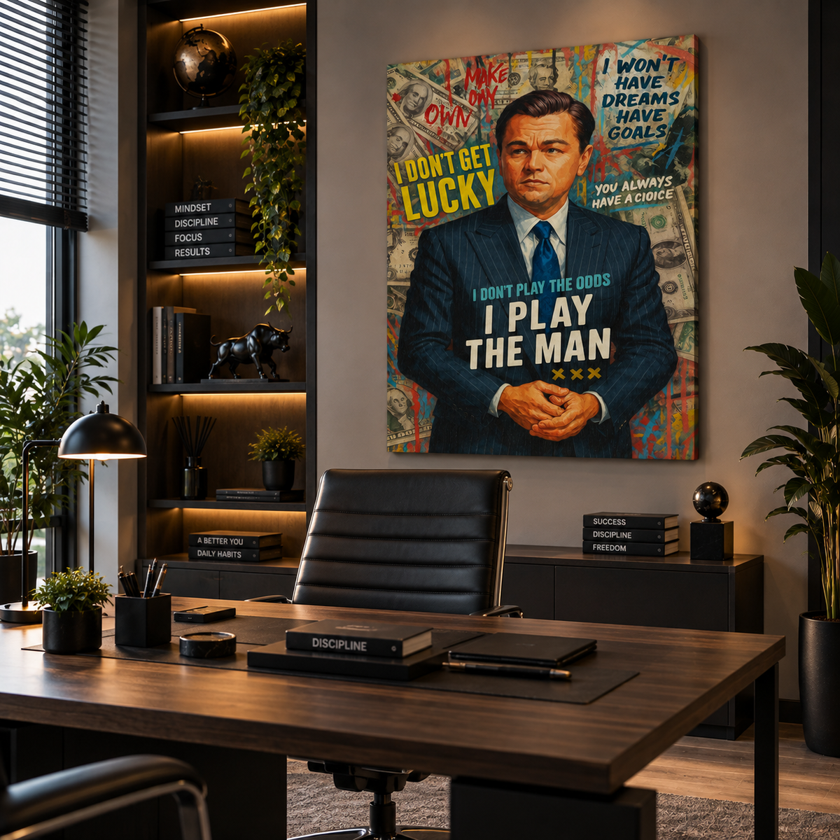 Motivational pop art πίνακας με money design σε μοντέρνο executive γραφείο με ξύλινο γραφείο και ζεστό φωτισμό.