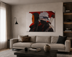 Πίνακας anime με Kakashi και Obito σε μοντέρνο και ρεαλιστικό σαλόνι με μπεζ καναπέ και ζεστή διακόσμηση.