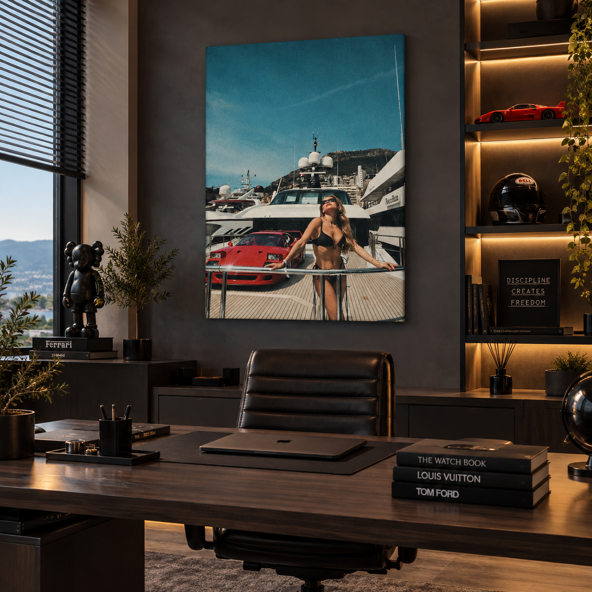 Canvas με κόκκινο supercar και yacht σε μοντέρνο γραφείο με κομψή luxury car αισθητική.