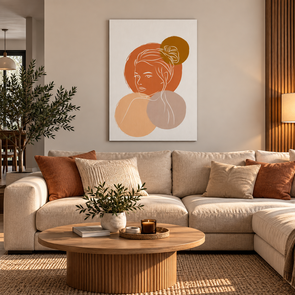 Minimal line art πίνακας γυναίκας σε γήινες αποχρώσεις, σε μοντέρνο σαλόνι με ζεστή και φυσική διακόσμηση.