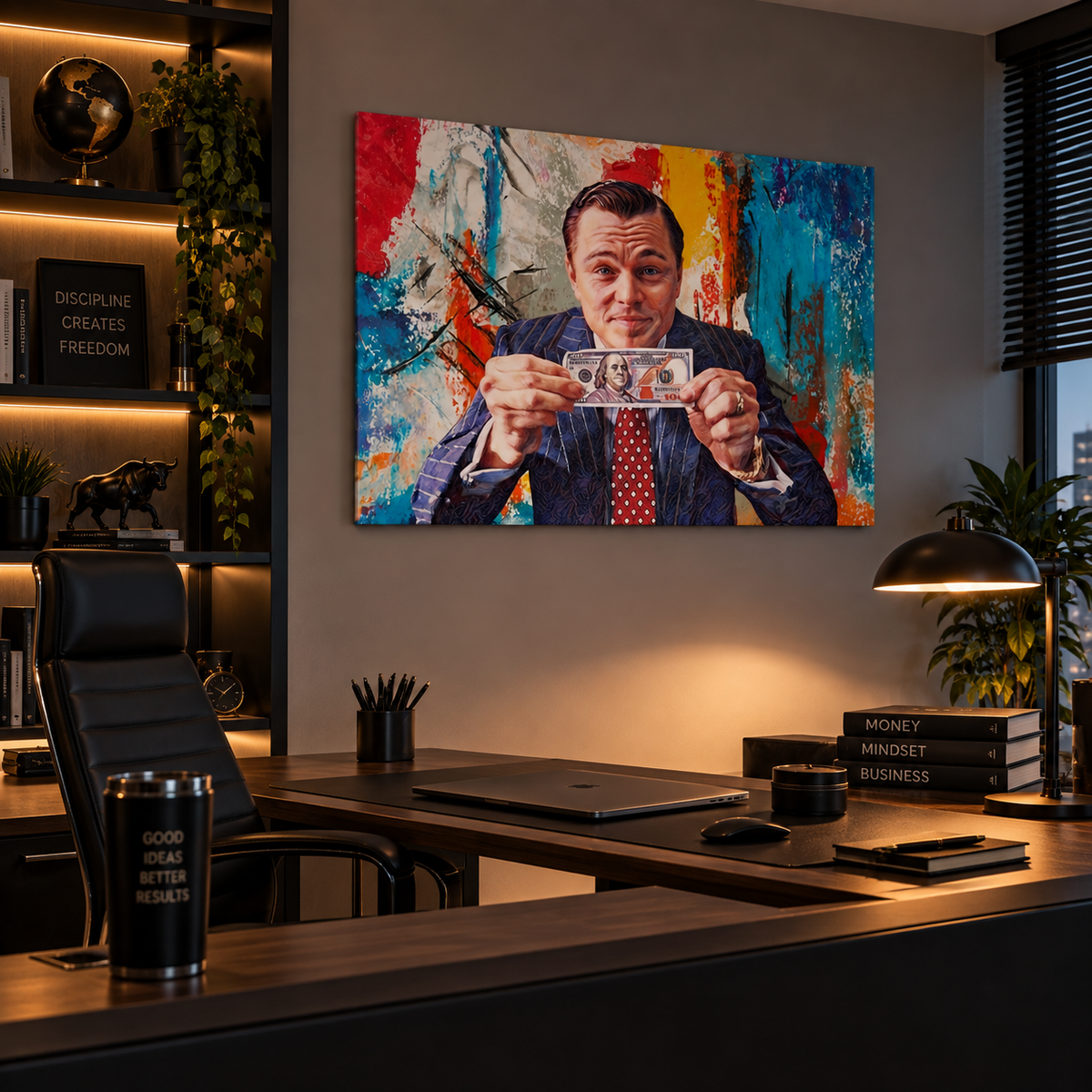 Pop art πίνακας με θέμα τα χρήματα, τοποθετημένος σε μοντέρνο επαγγελματικό γραφείο με ζεστό φωτισμό.