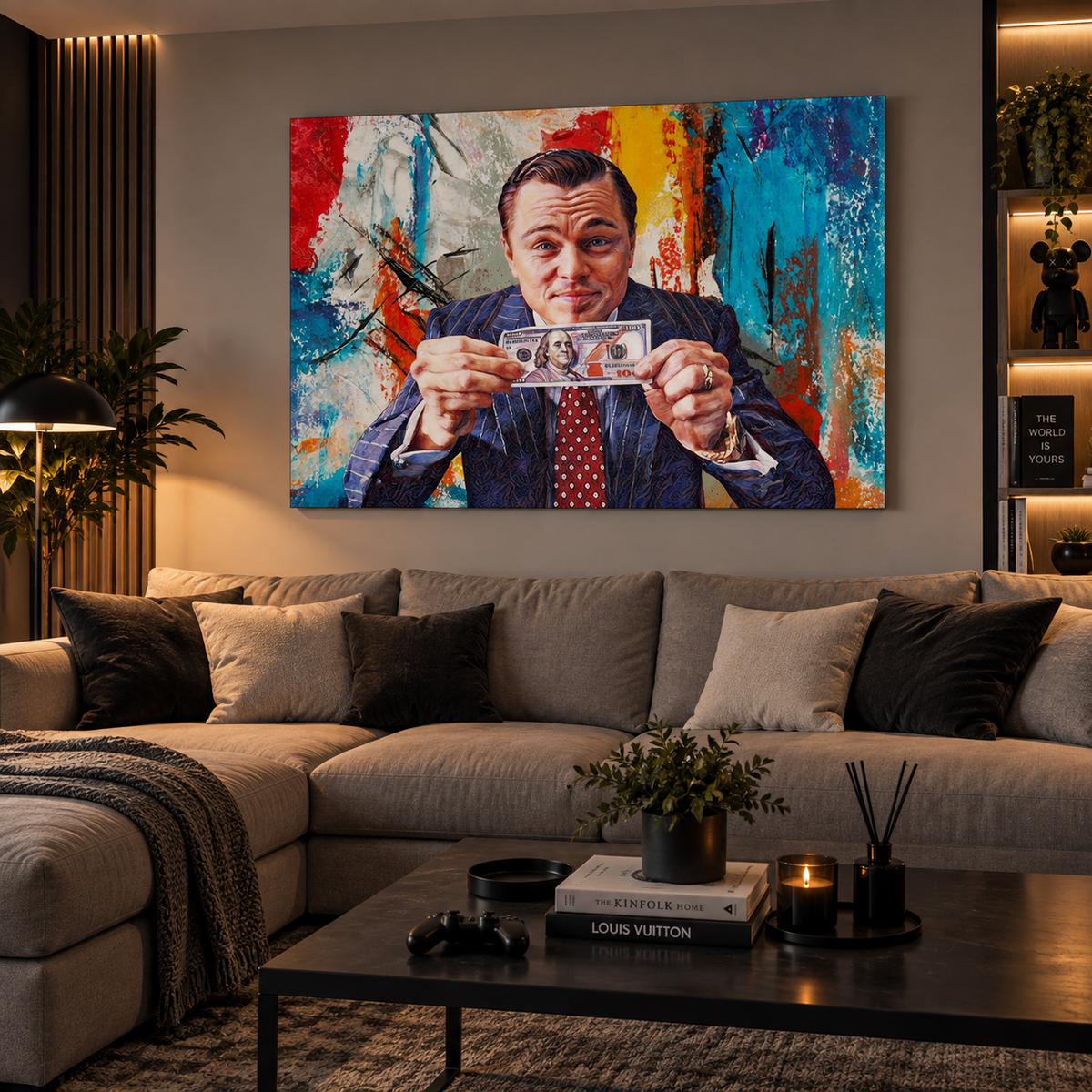 Πολύχρωμος pop art πίνακας με άνδρα που κρατά χαρτονόμισμα, τοποθετημένος σε μοντέρνο και ζεστό σαλόνι.
