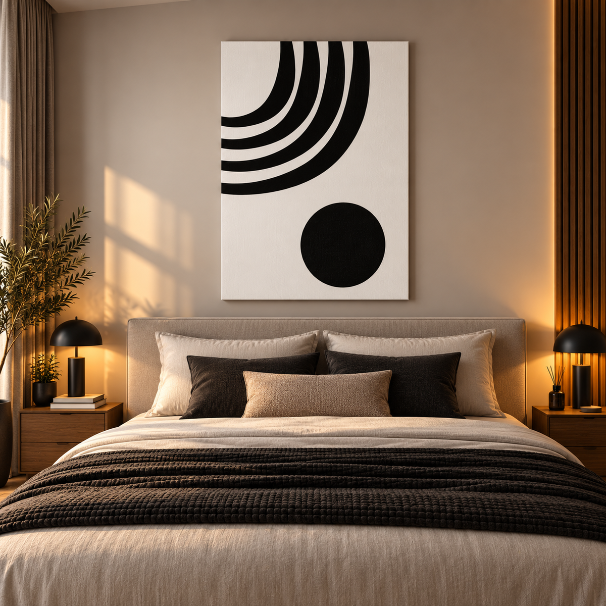 Minimal ασπρόμαυρος abstract canvas με γεωμετρικές καμπύλες, τοποθετημένος πάνω από κρεβάτι σε μοντέρνο υπνοδωμάτιο.