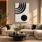 Minimal ασπρόμαυρος abstract canvas με καμπύλες γραμμές και γεωμετρικό κύκλο, τοποθετημένος σε μοντέρνο σαλόνι.