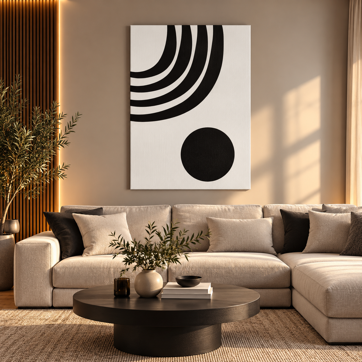 Minimal ασπρόμαυρος abstract canvas με καμπύλες γραμμές και γεωμετρικό κύκλο, τοποθετημένος σε μοντέρνο σαλόνι.