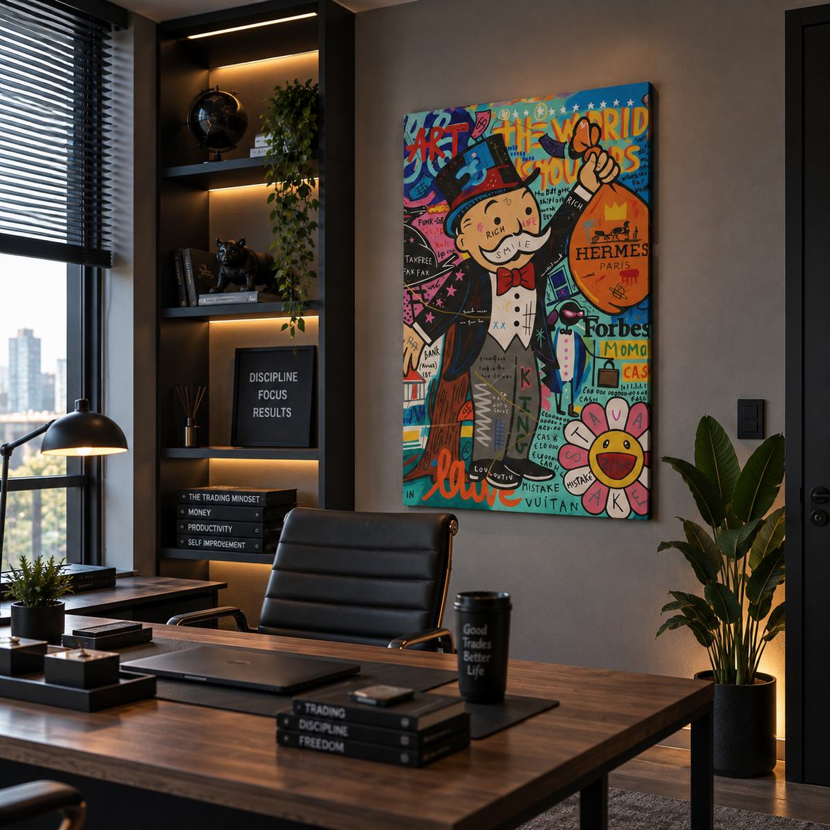 Πολύχρωμος pop art πίνακας με Monopoly χαρακτήρα σε μοντέρνο γραφείο με ζεστό φωτισμό και minimal διακόσμηση.