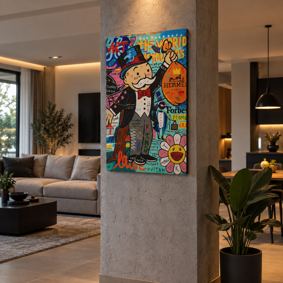 Πολύχρωμος pop art πίνακας με Monopoly χαρακτήρα σε μοντέρνο σπίτι, τοποθετημένος σε κολόνα.