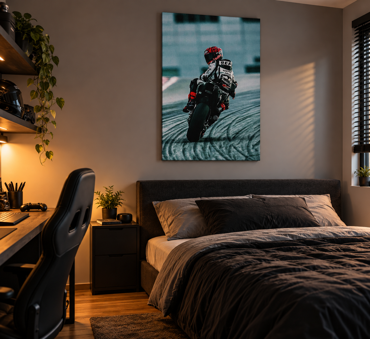 Πίνακας MotoGP με αναβάτη αγώνων σε μοντέρνο νεανικό δωμάτιο με κρεβάτι και γραφείο.