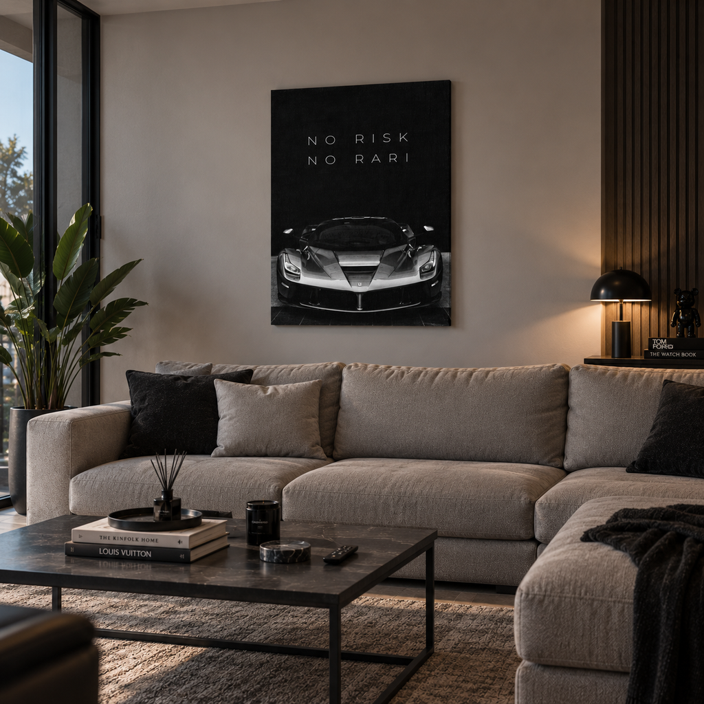 NO RISK NO RARI πίνακας καμβά με supercar σε μοντέρνο σαλόνι.