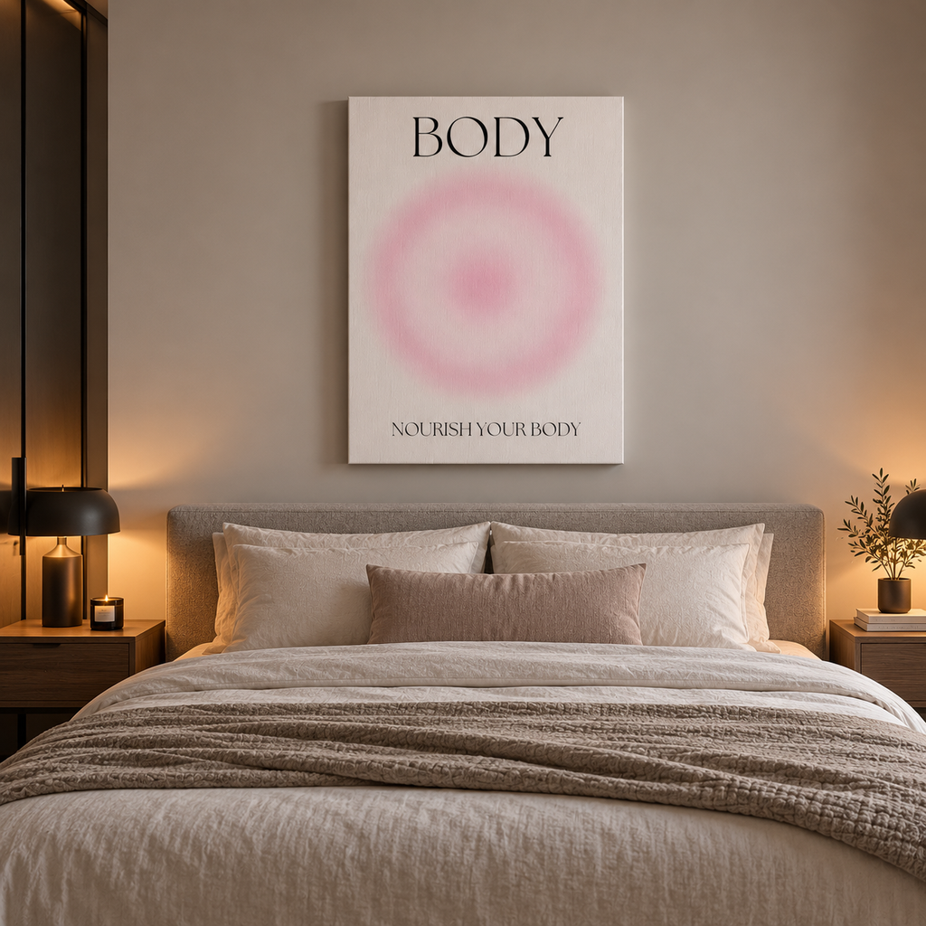 Minimalist Body canvas πάνω από κρεβάτι σε μοντέρνα κρεβατοκάμαρα