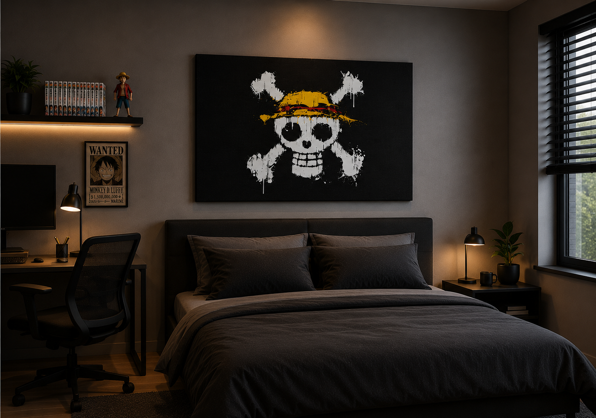 Πίνακας One Piece με Jolly Roger σε μοντέρνο υπνοδωμάτιο.

