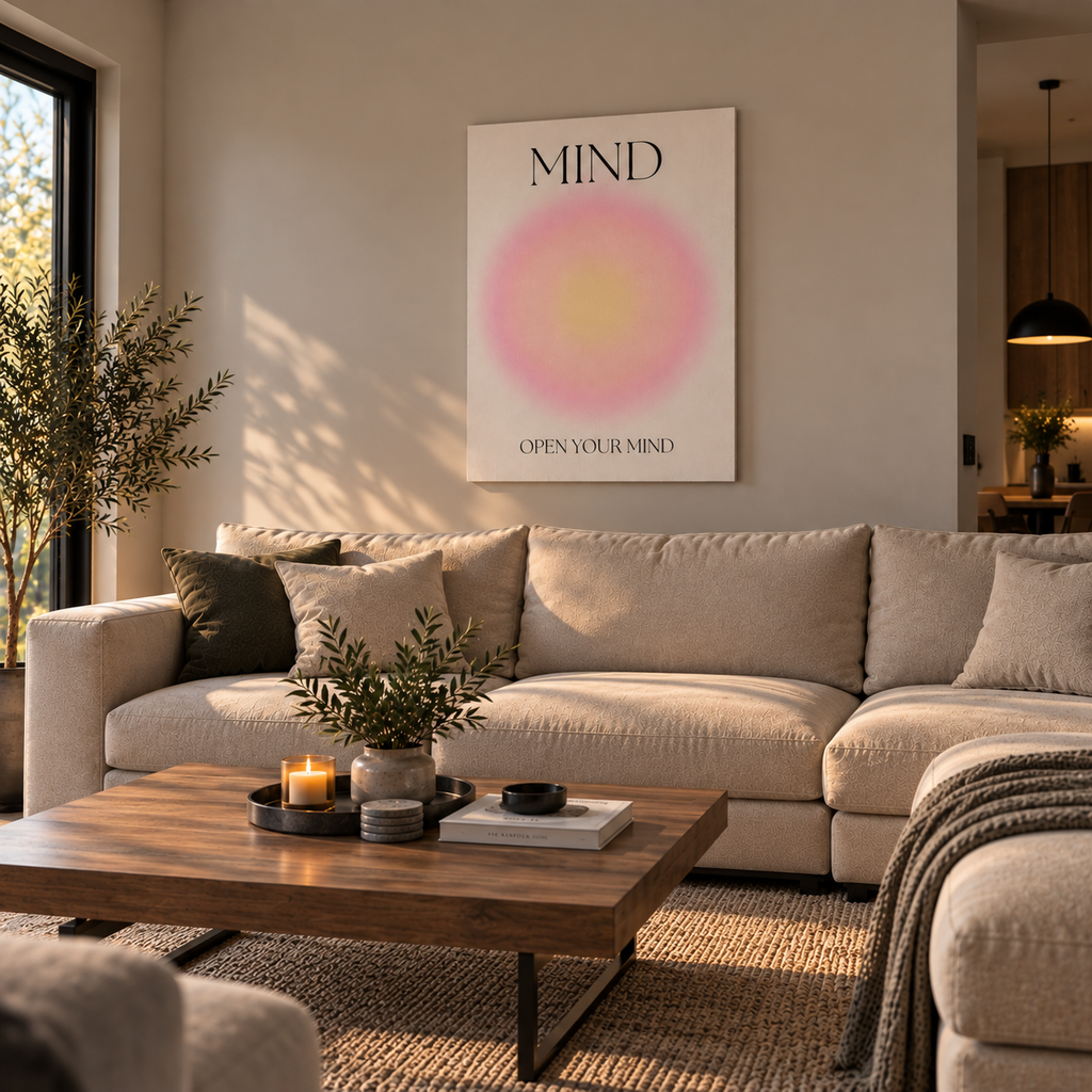 Μοντέρνος πίνακας σε καμβά «MIND – OPEN YOUR MIND» με ροζ και κίτρινες αποχρώσεις, τοποθετημένος πάνω από μπεζ καναπέ σε φωτεινό, μοντέρνο σαλόνι.