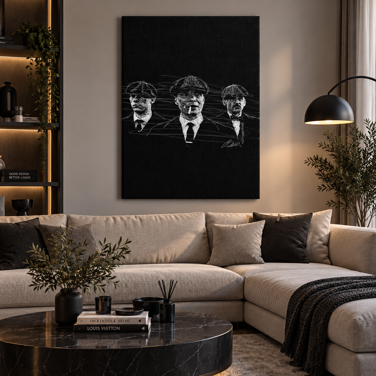 Μαύρος minimal πίνακας με τρεις άνδρες σε μοντέρνο σαλόνι.