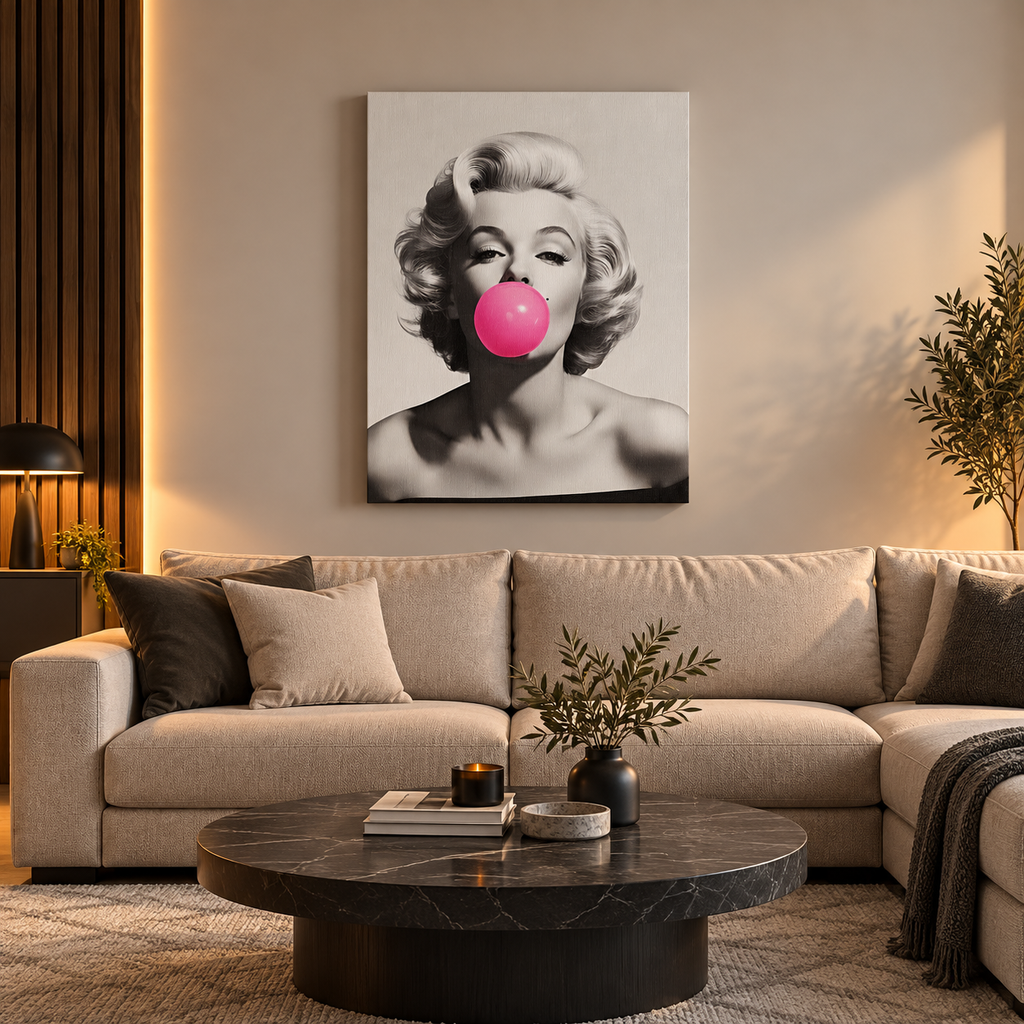 Ασπρόμαυρος πίνακας σε καμβά Marilyn Monroe με ροζ τσιχλόφουσκα, τοποθετημένος πάνω από μπεζ καναπέ σε μοντέρνο σαλόνι.