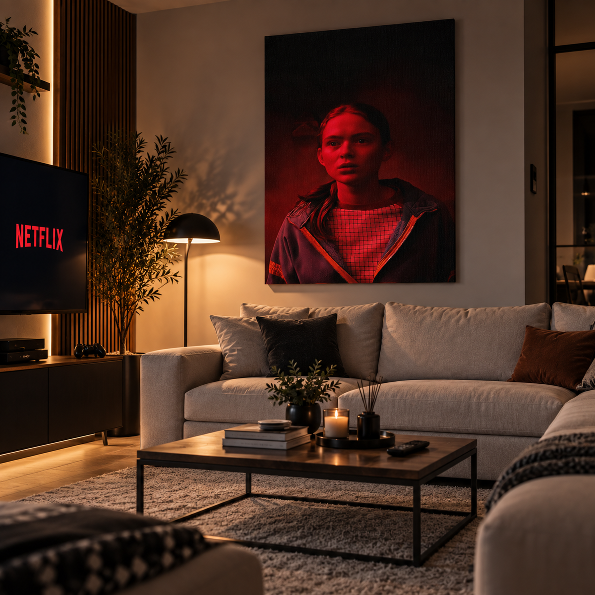 Stranger Things πίνακας σε μοντέρνο σαλόνι με ζεστό φωτισμό και ατμόσφαιρα για movie & series night.