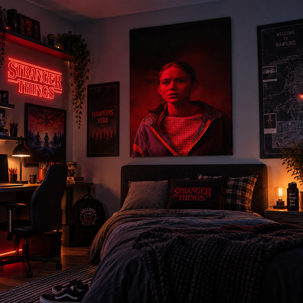 Stranger Things wall art σε θεματικό εφηβικό δωμάτιο με Hawkins διακόσμηση και κόκκινο ατμοσφαιρικό φωτισμό.