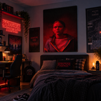 Stranger Things wall art σε θεματικό εφηβικό δωμάτιο με Hawkins διακόσμηση και κόκκινο ατμοσφαιρικό φωτισμό.