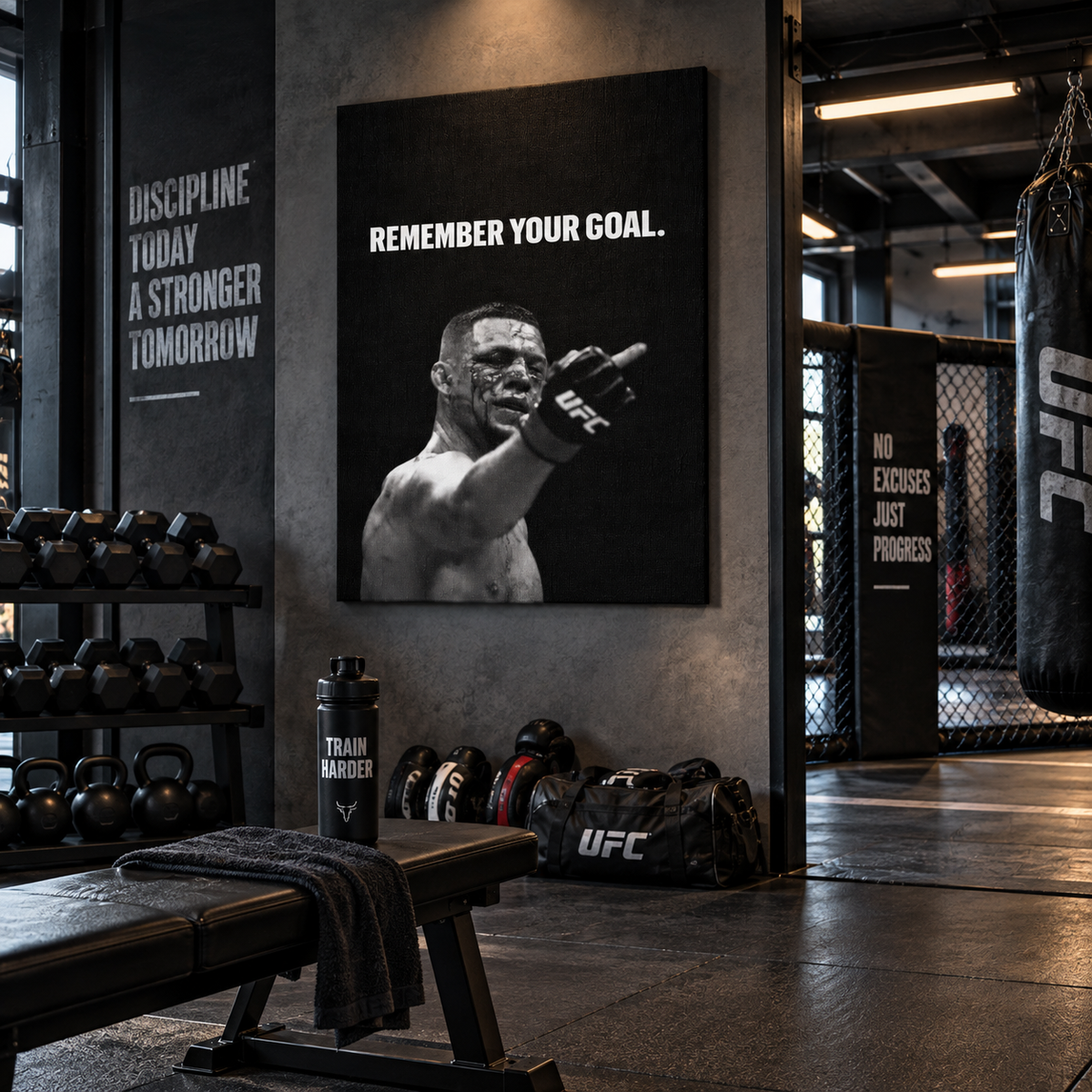 Motivational καμβάς “Remember Your Goal” με MMA fighter σε ρεαλιστικό MMA γυμναστήριο με σάκο, βάρη και κλουβί προπόνησης.