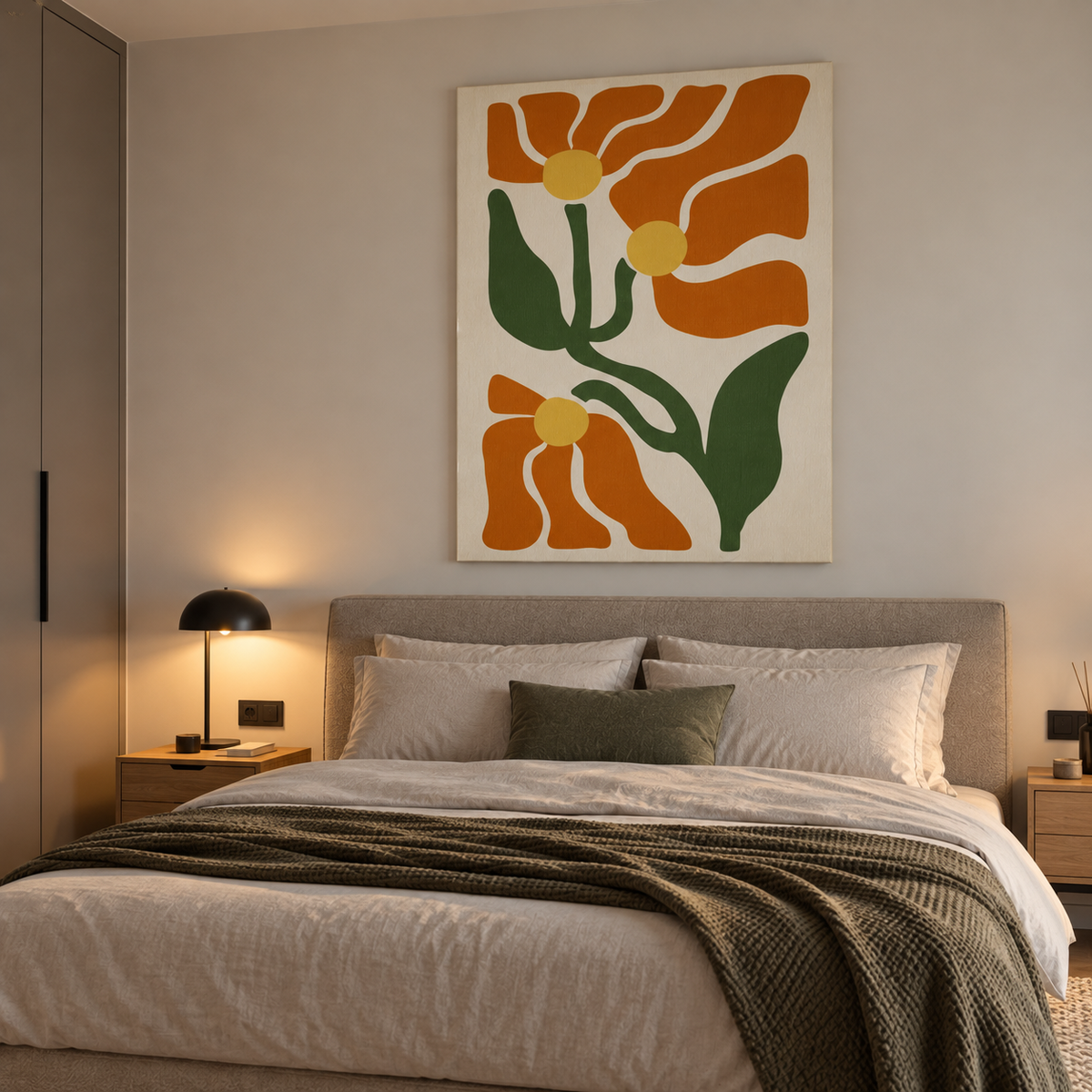 Floral abstract πίνακας σε μοντέρνα κρεβατοκάμαρα.