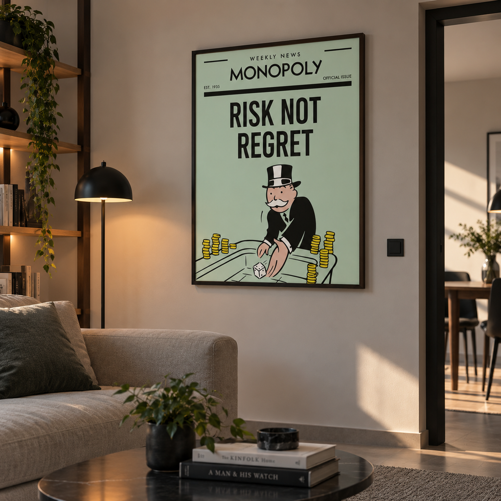 Πίνακας Monopoly «Risk Not Regret» σε μοντέρνο γραφείο σπιτιού.