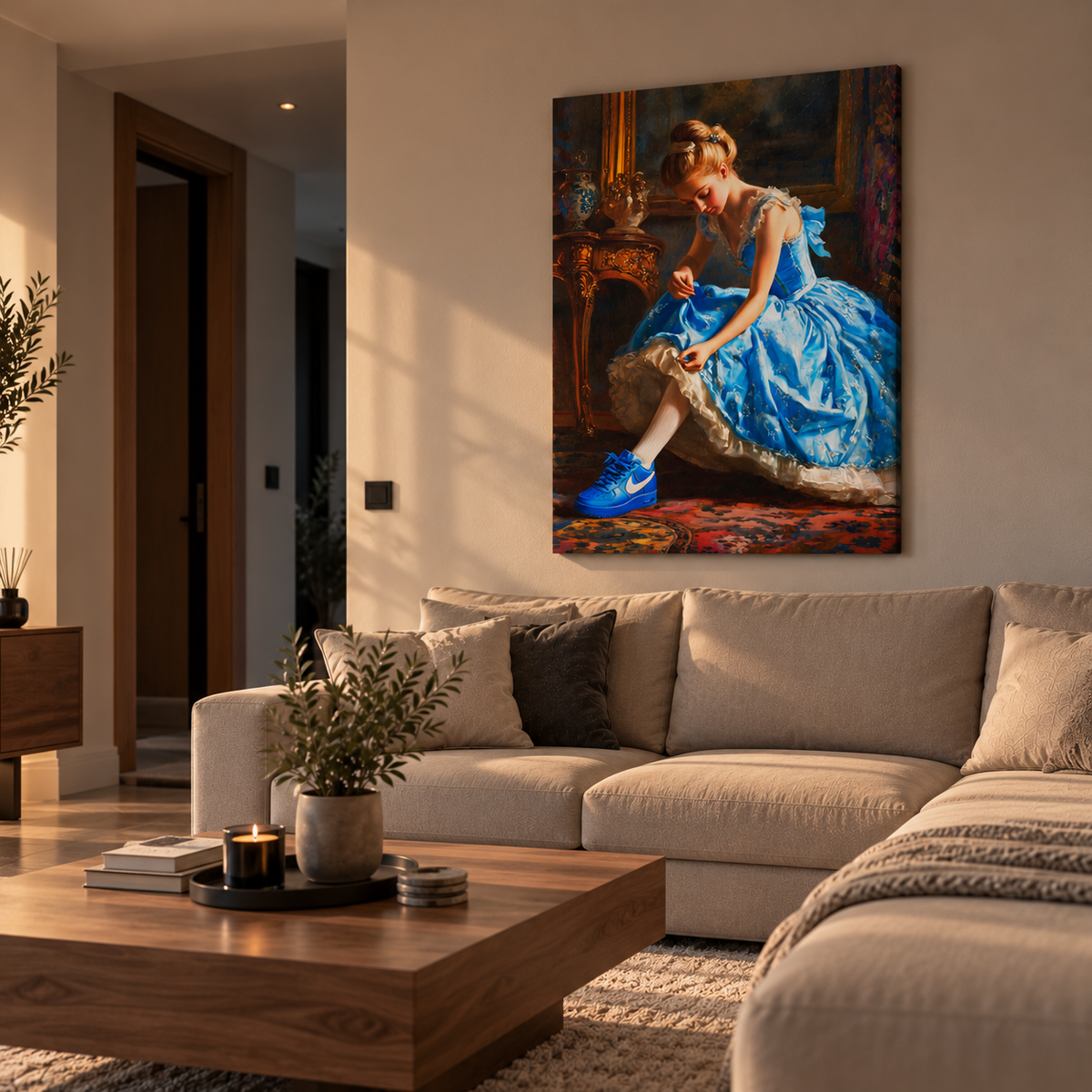 Vintage art canvas με κοπέλα σε μπλε φόρεμα και sneakers πάνω από καναπέ σε μοντέρνο, φωτεινό σαλόνι.