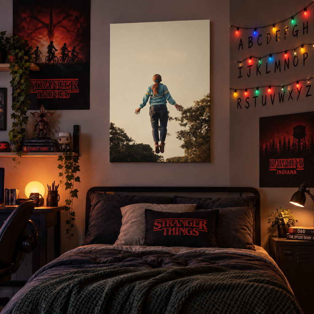 Πίνακας με αιωρούμενη φιγούρα σε θεματικό Stranger Things δωμάτιο με φωτάκια, Hawkins διακόσμηση και σκοτεινή ατμόσφαιρα.
