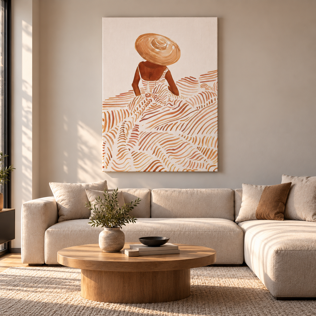 Minimal canvas με γυναικεία φιγούρα και γήινες αποχρώσεις σε φωτεινό μοντέρνο σαλόνι.