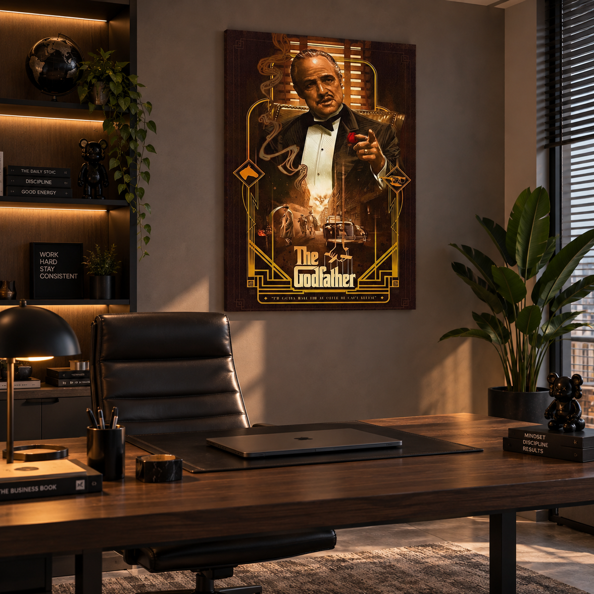 Πίνακας The Godfather σε μοντέρνο executive γραφείο με σκούρα ξύλινα στοιχεία και ατμοσφαιρικό φωτισμό.
