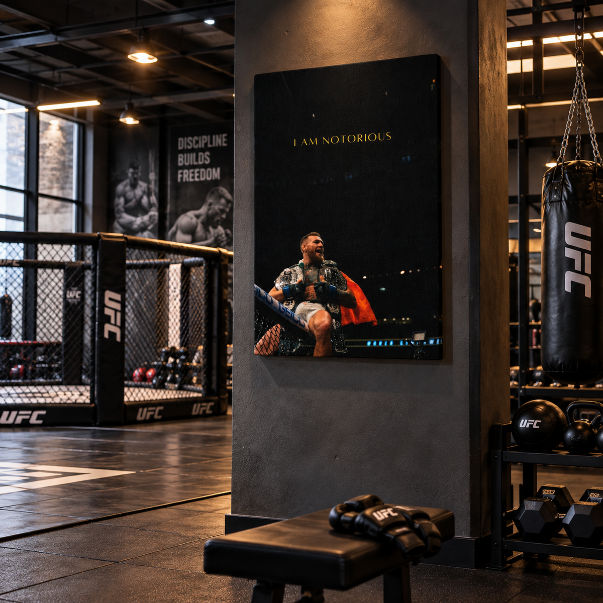 Πίνακας MMA “I Am Notorious” σε μοντέρνο γυμναστήριο με κλουβί και εξοπλισμό προπόνησης.
