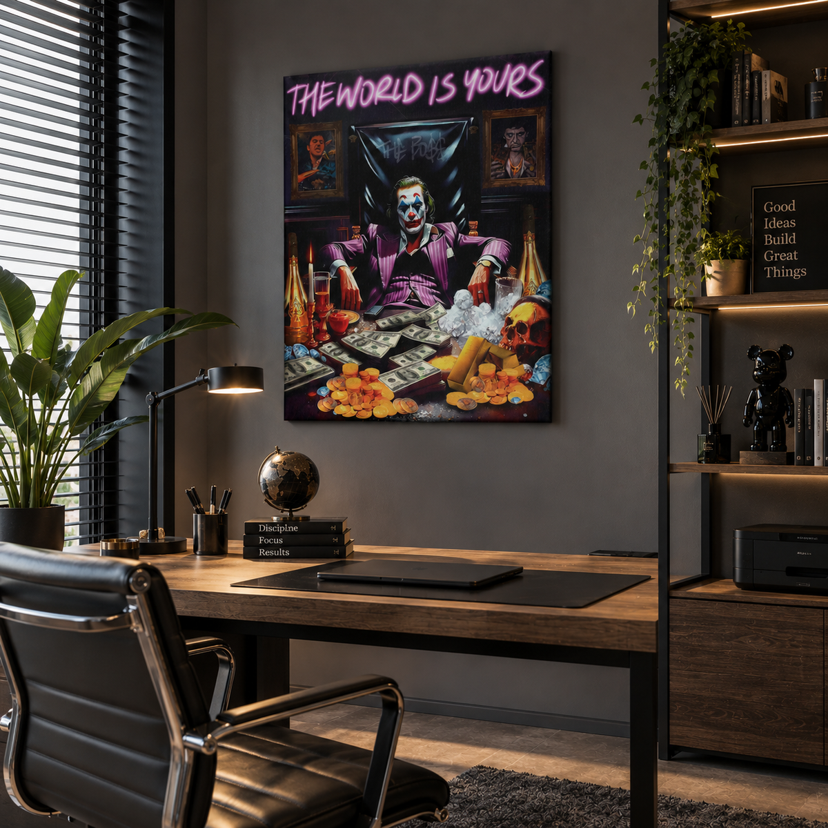 Πίνακας «The World Is Yours» σε μοντέρνο γραφείο.