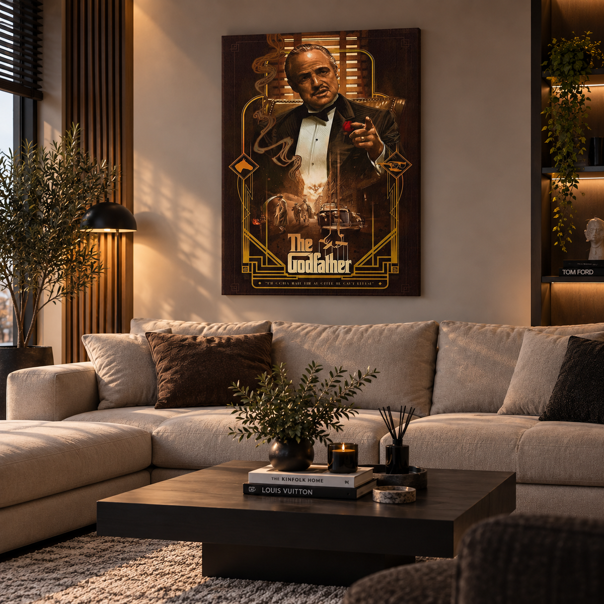Πίνακας The Godfather σε μοντέρνο σαλόνι με ζεστό, κινηματογραφικό φωτισμό.