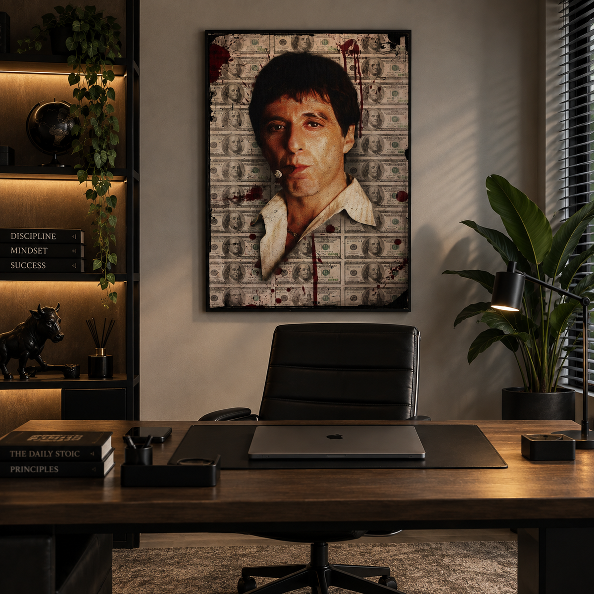 Πίνακας Tony Montana με φόντο δολάρια σε μοντέρνο γραφείο.