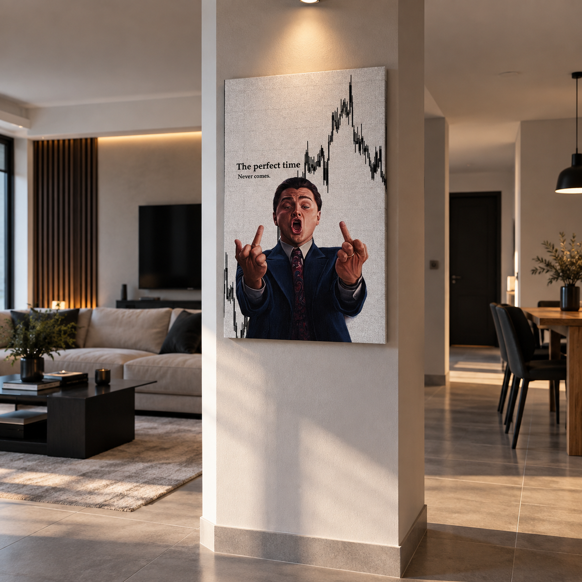 Motivational canvas με χρηματιστηριακό θέμα, τοποθετημένο σε κολόνα μοντέρνου σπιτιού.