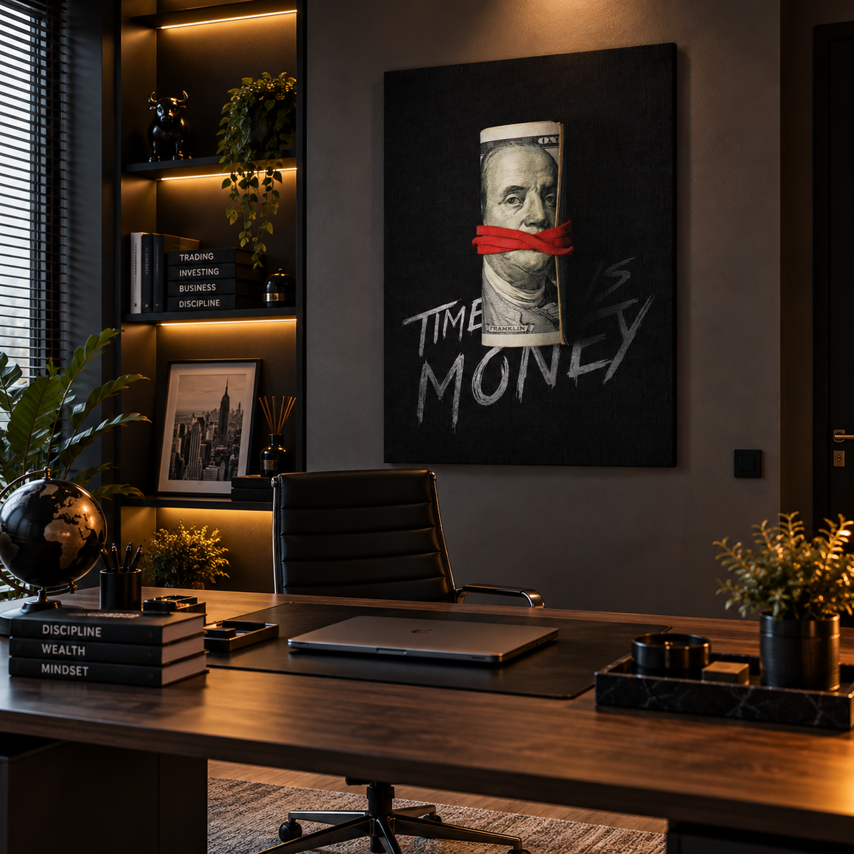 Πίνακας “Time Money” με χαρτονόμισμα  σε μοντέρνο γραφείο με business αισθητική.