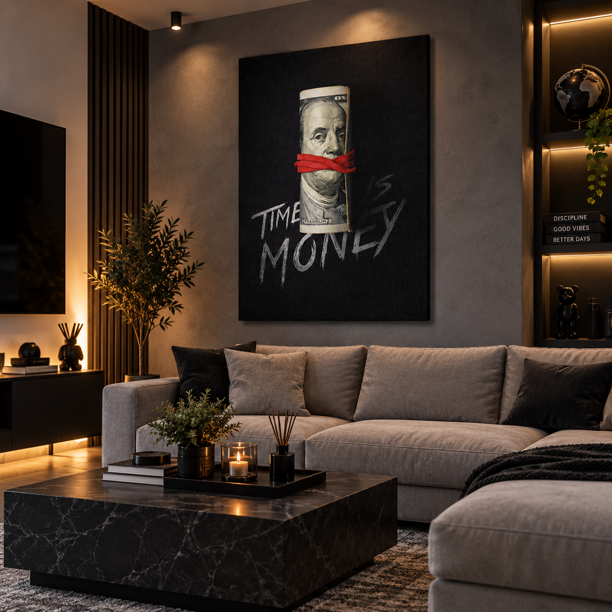 Πίνακας “Time Money” με χαρτονόμισμα  σε μοντέρνο σαλόνι με ζεστό φωτισμό.