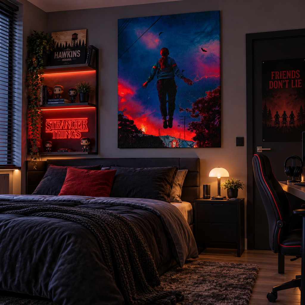 Stranger Things πίνακας σε μοντέρνο υπνοδωμάτιο με gaming setup, κόκκινο φωτισμό και Hawkins διακόσμηση.