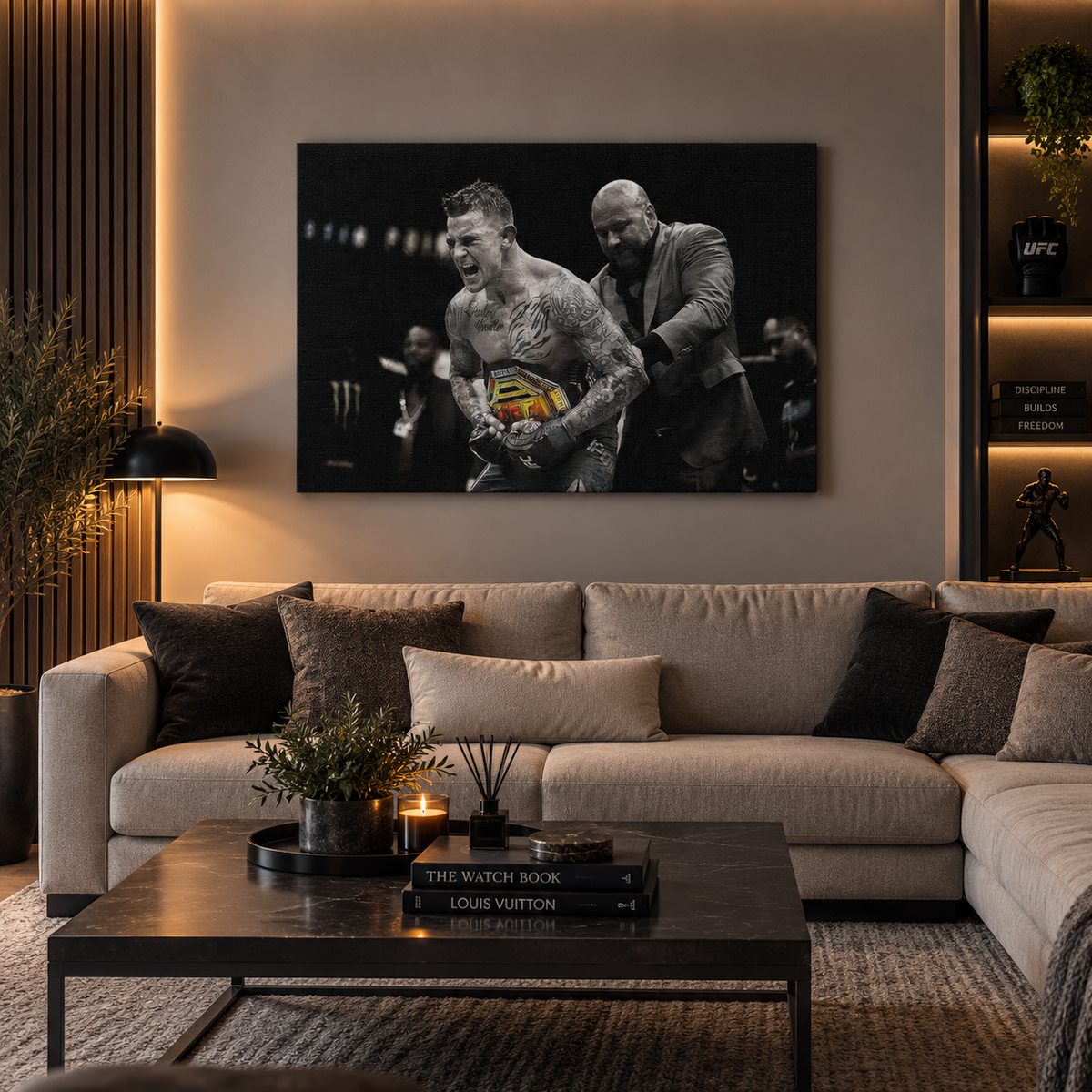 Πίνακας MMA με πρωταθλητή σε μοντέρνο και ζεστό σαλόνι.